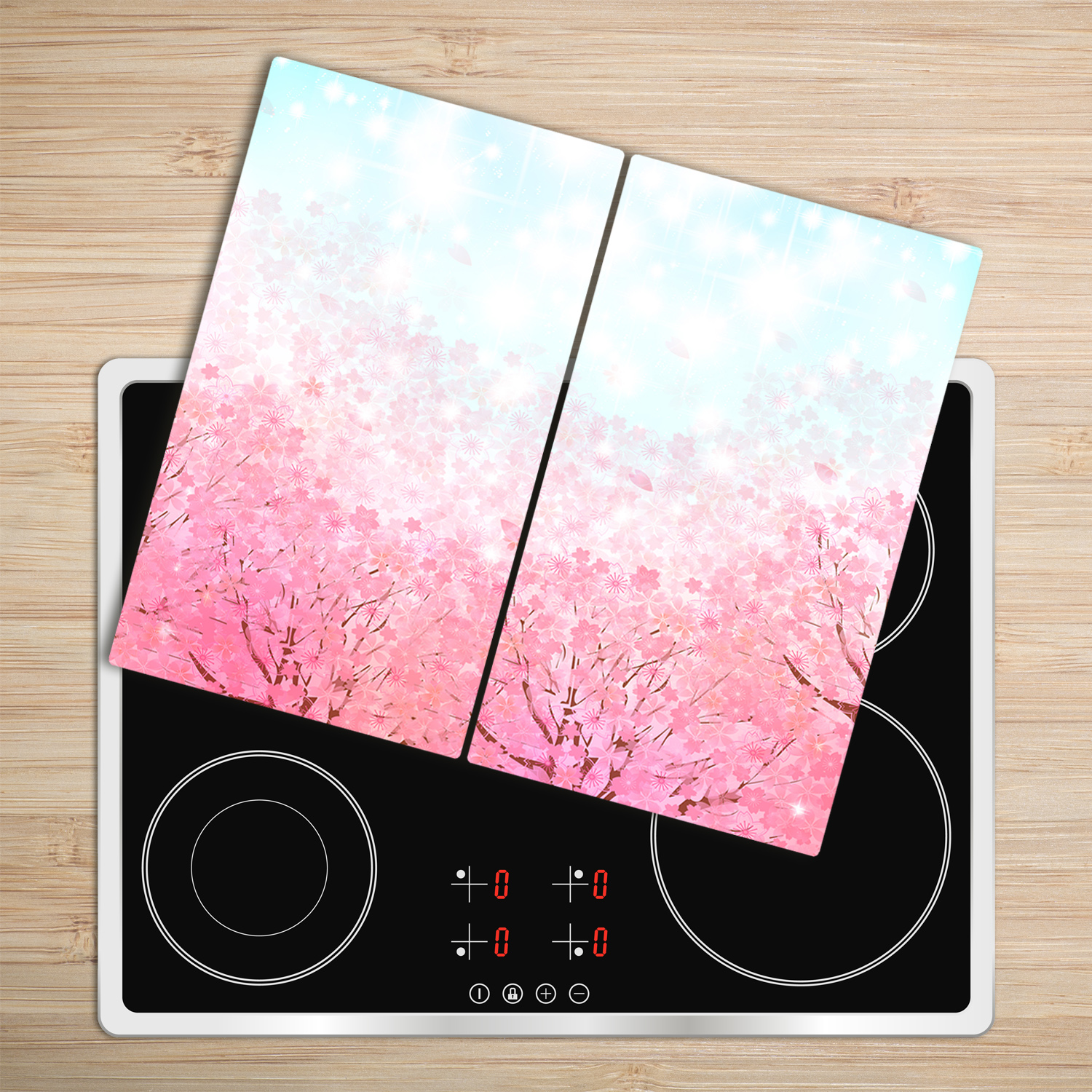Glas-Herdabdeckplatte Ceranfeldabdeckung Zweiteilig 2x30x52 Kirschblüten