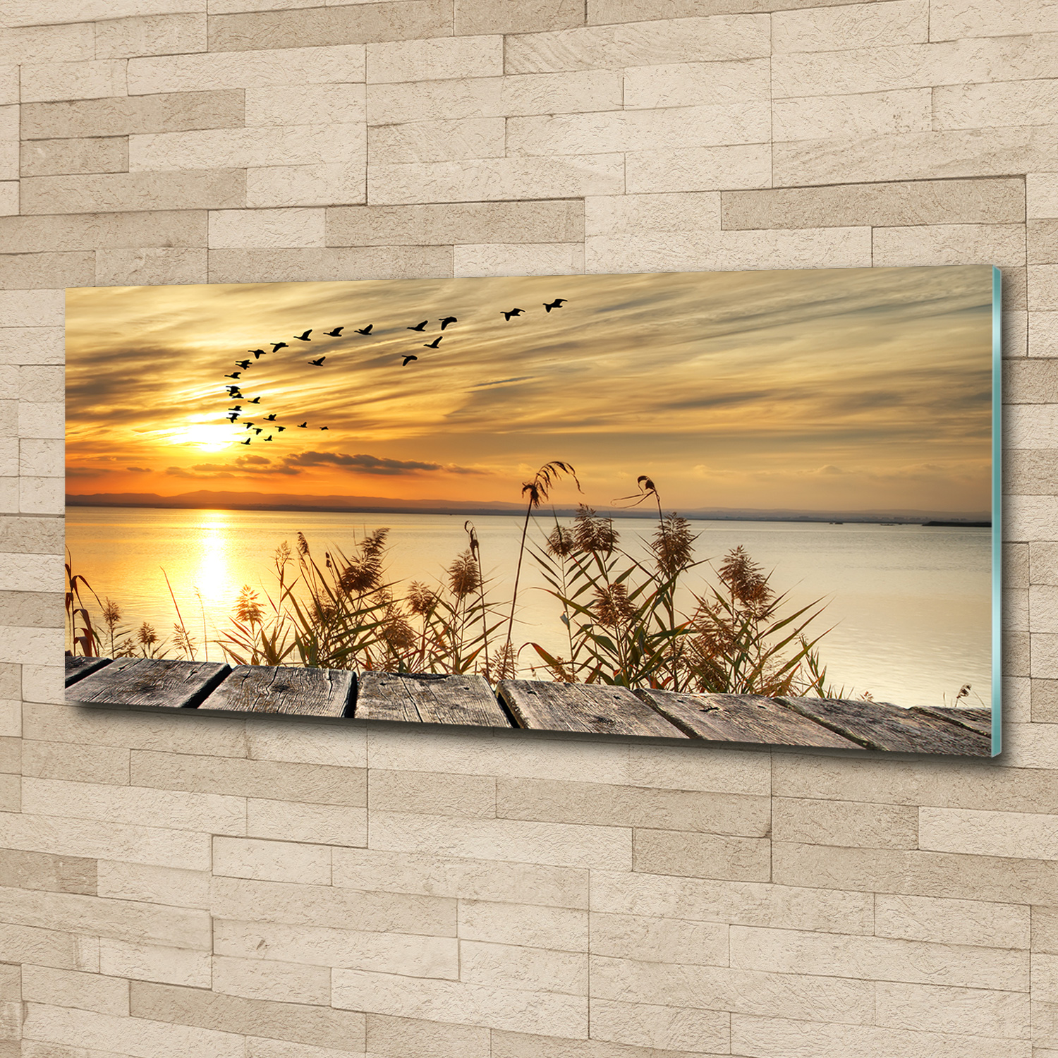 Tableau en verre - Abstract Lakeshore In Gold - Format paysage