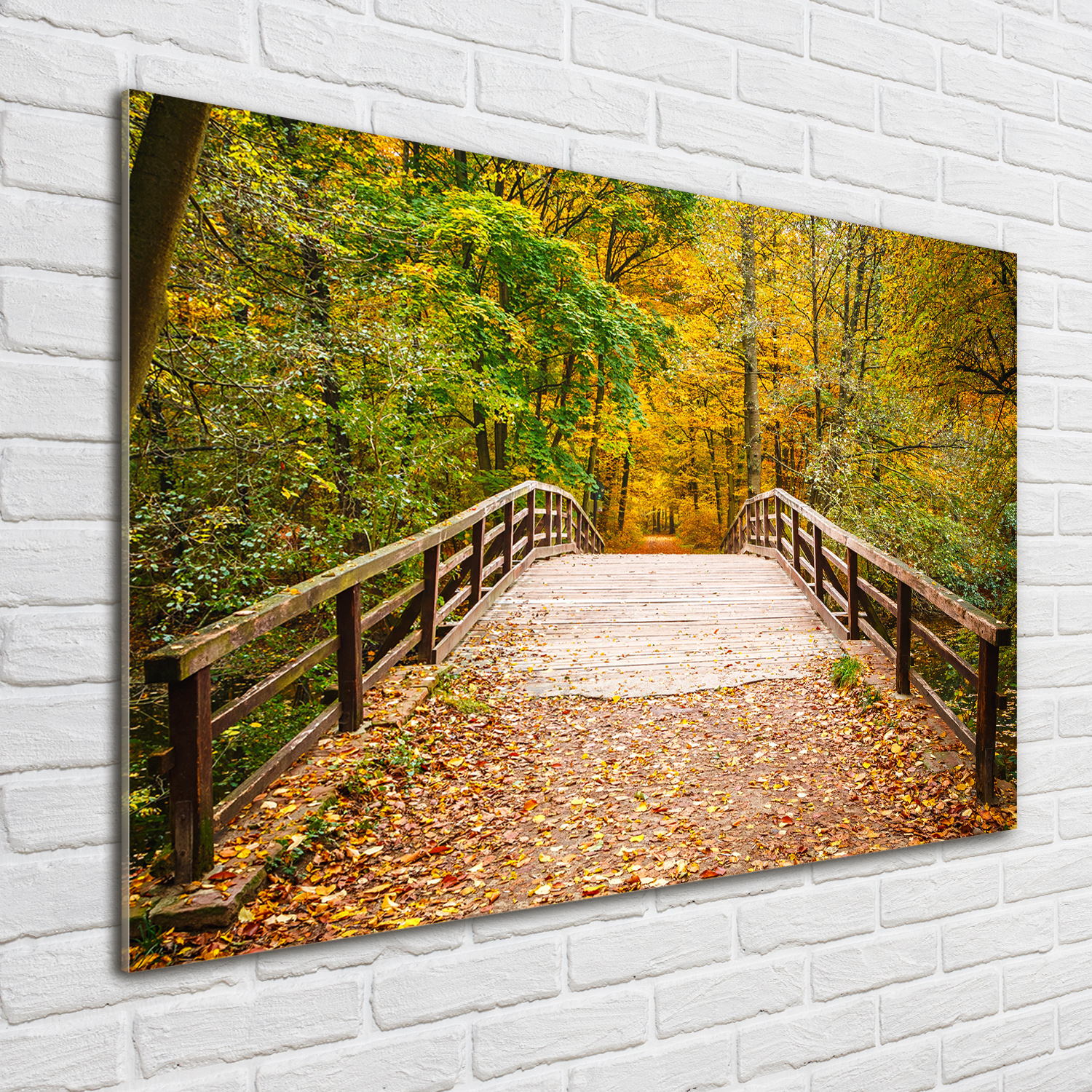 Wandbild aus Plexiglas® Druck auf Acryl 100x70 Landschaften Brücke Herbstwald