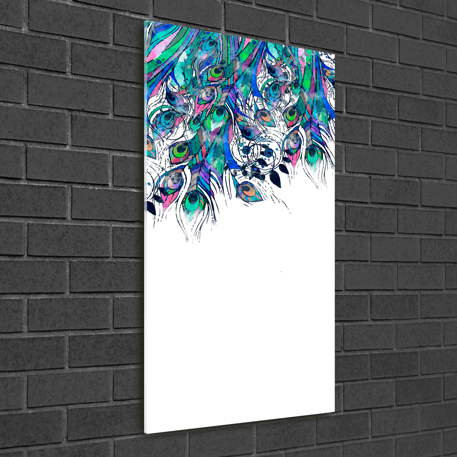 Wand-Bild Kunstdruck aus Hart-Glas Hochformat 50x100 Pfauenfedern