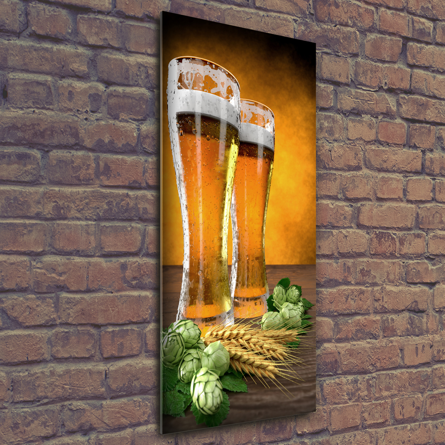 Wandbild Kunst-Druck auf Hart-Glas hochkant 50x125 Zwei Gläser Bier