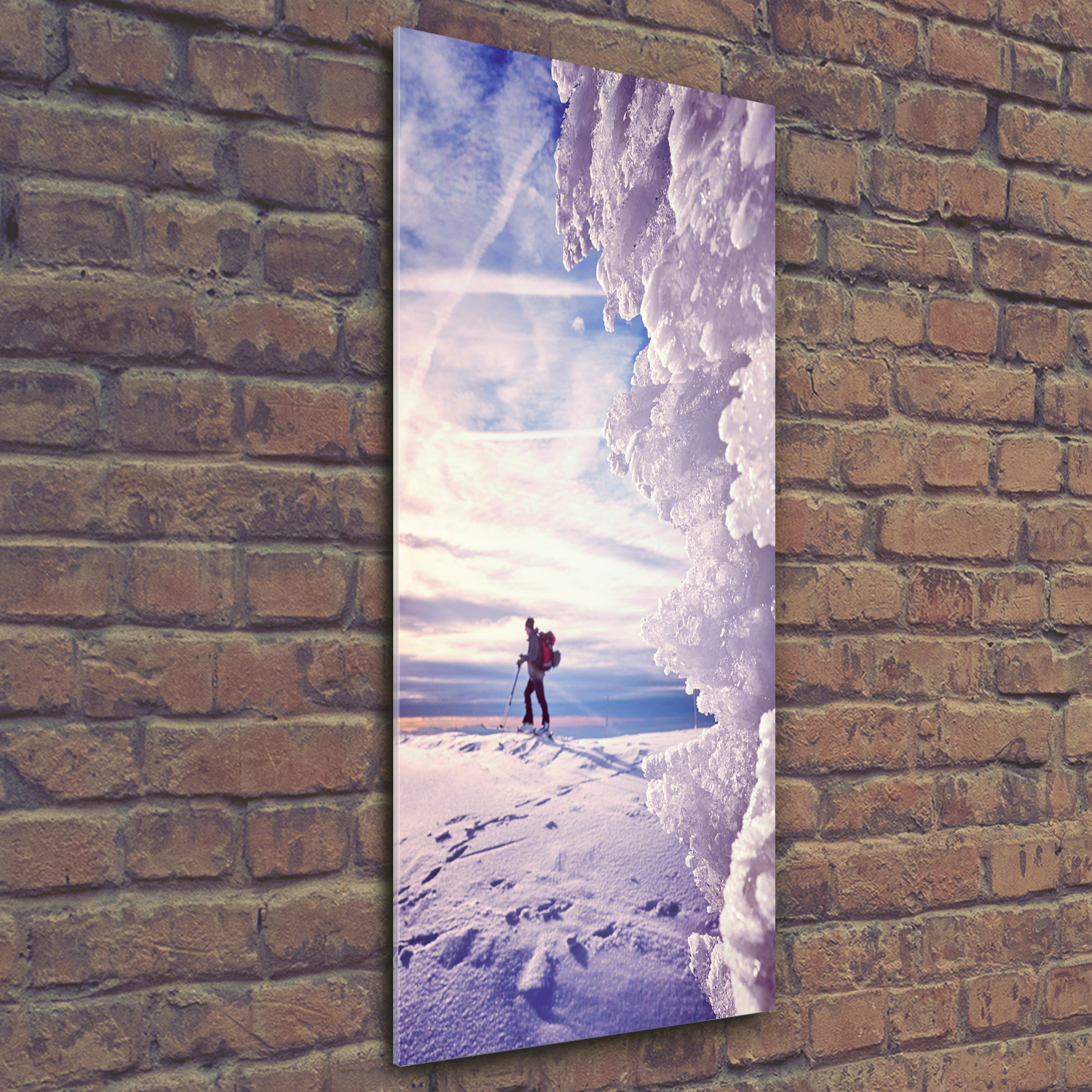Wandbild Kunst-Druck auf Hart-Glas senkrecht 50x125 Skifahrer