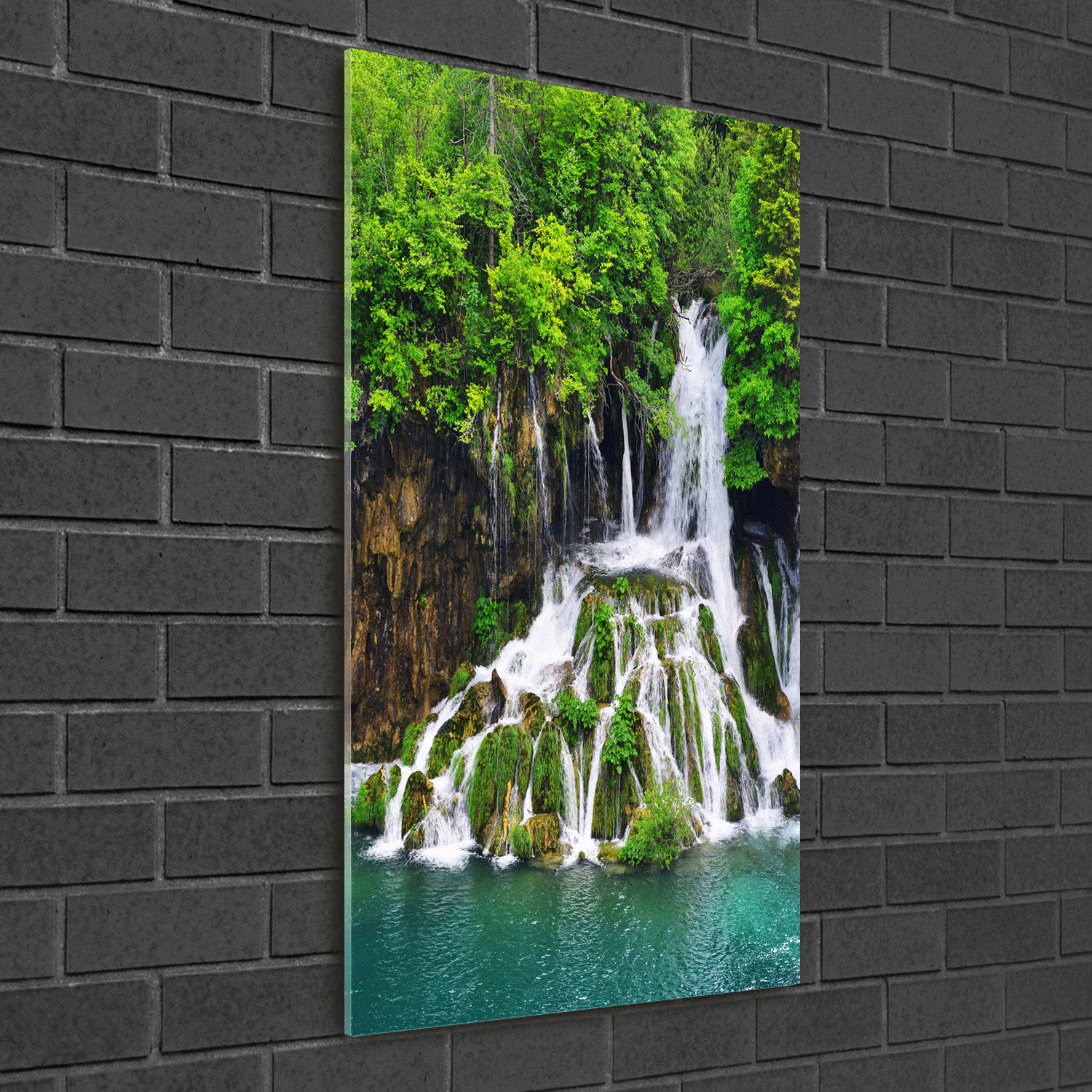 Wand-Bild Kunstdruck aus Acryl-Glas Hochformat 50x100 Wasserfall im Wald
