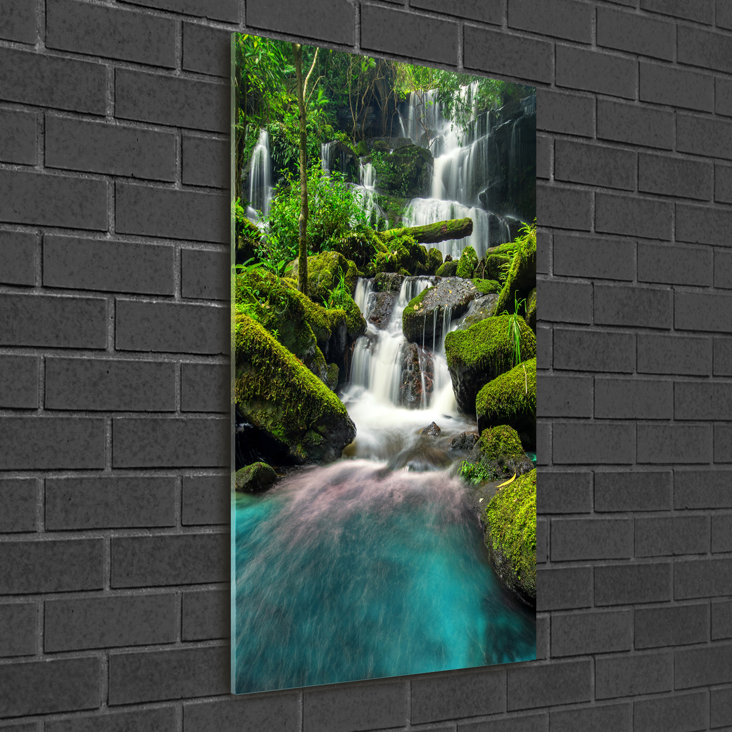 Wand-Bild Kunstdruck aus Acryl-Glas Hochformat 50x100 Wasserfall Dschungel