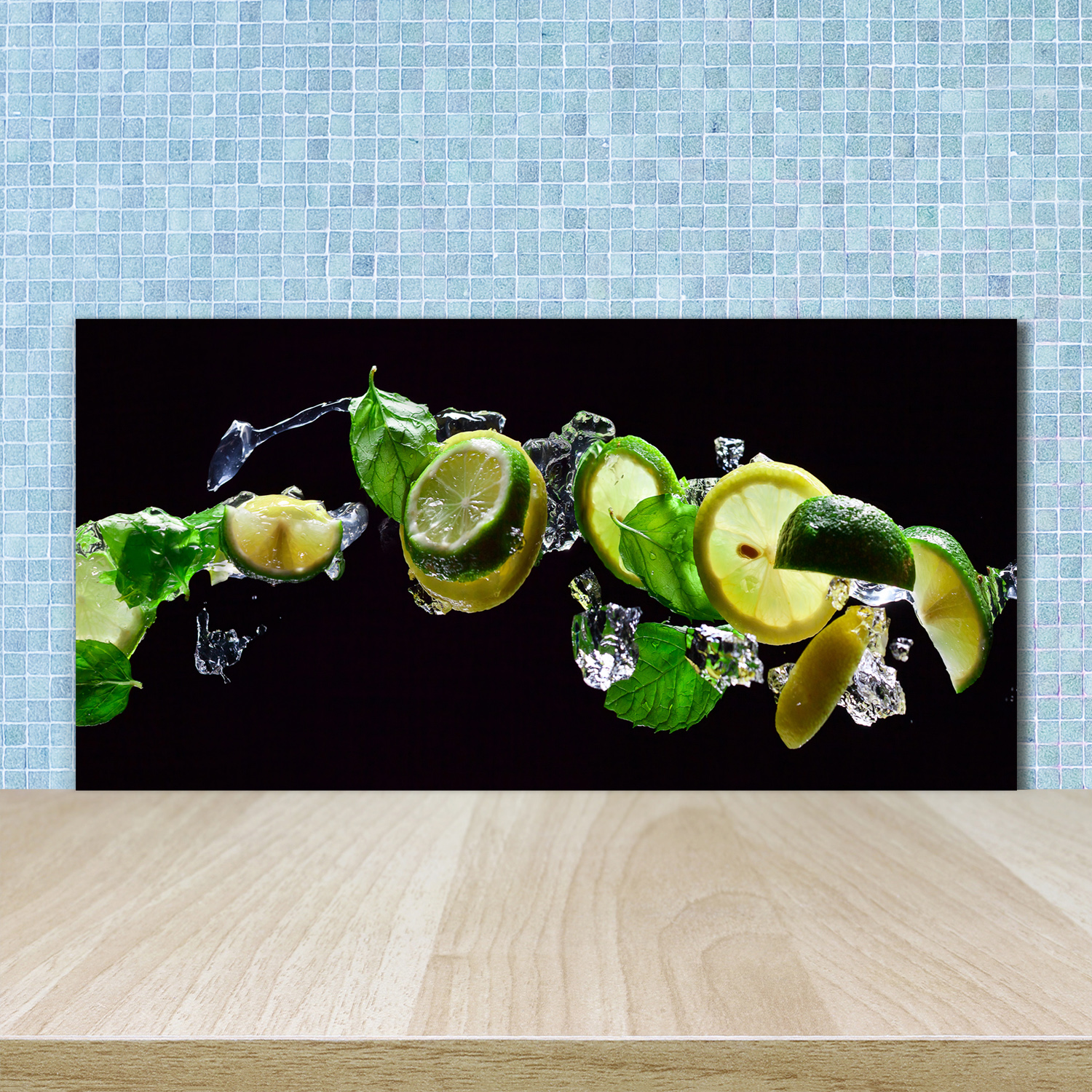 Küchenrückwand Spritzschutz aus Glas 100x50 Deko Essen Getränke Limetten Wasser