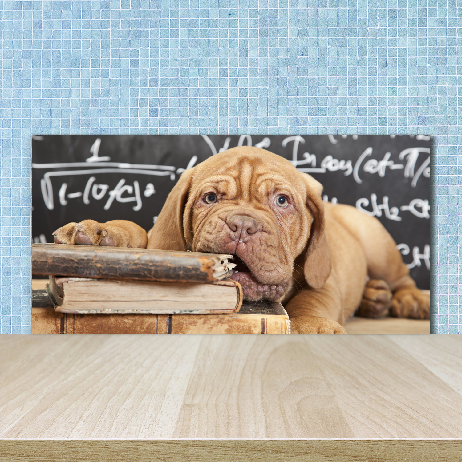 Küchenrückwand Spritzschutz aus Glas 100x50 Deko Tiere Hund Buch
