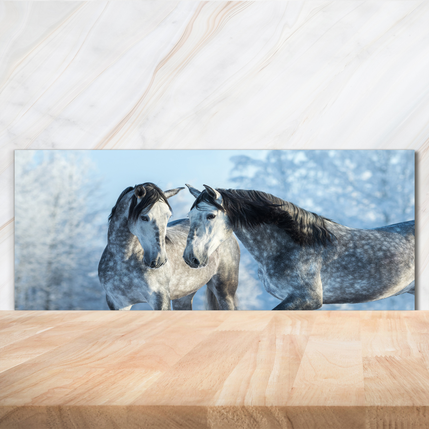 Küchenrückwand Spritzschutz aus Glas 125x50 Deko Tiere Graue Pferde Winter