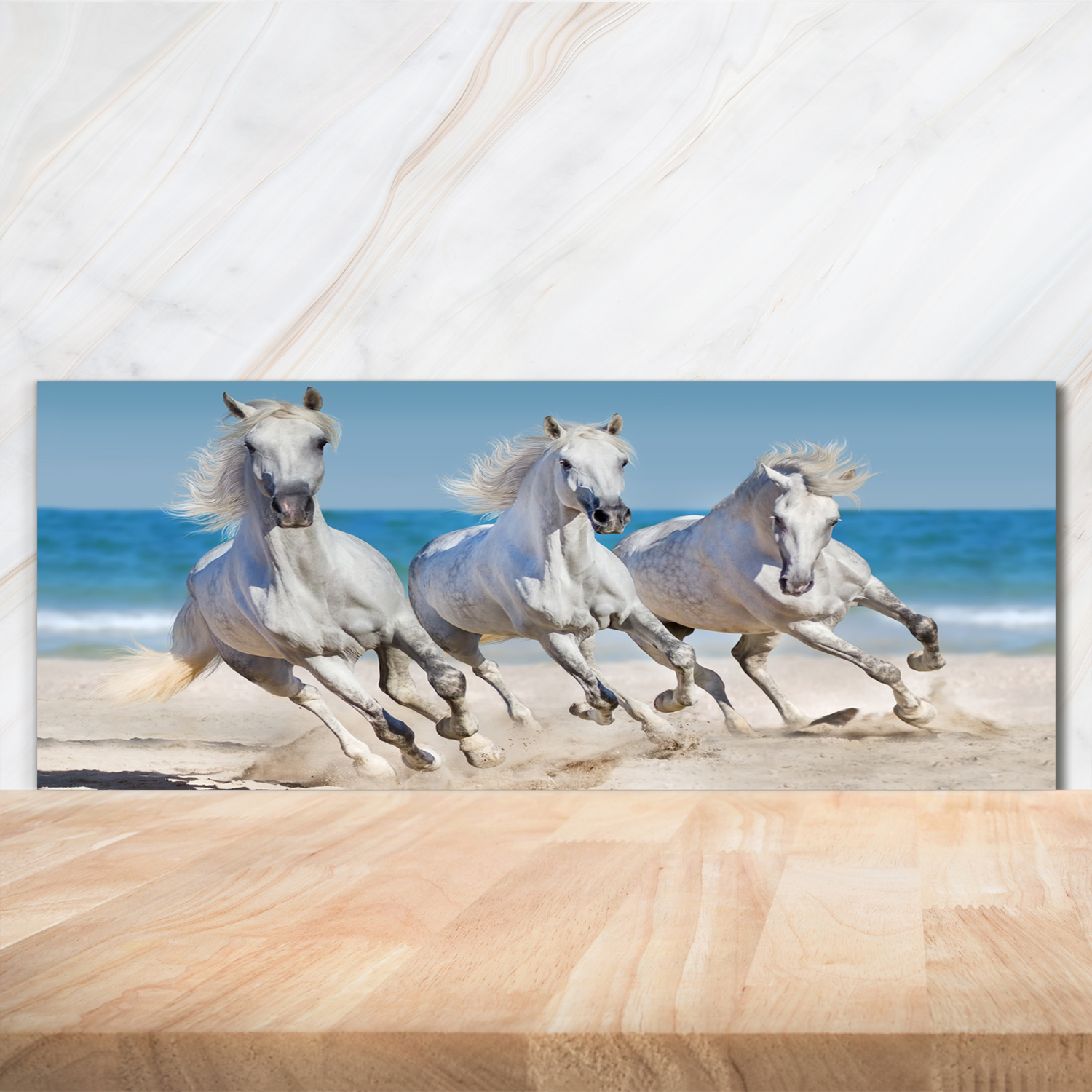 Küchenrückwand Spritzschutz aus Glas 125x50 Deko Tiere Weiße Pferde Strand