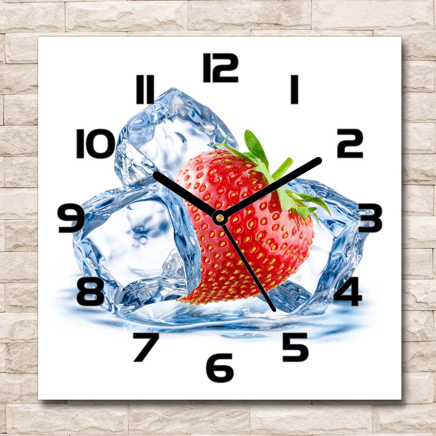 Wanduhr Echt-Glas-Küchenuhr 30x30 Deko Bilder-Motiv: Erdbeere Eis Rot
