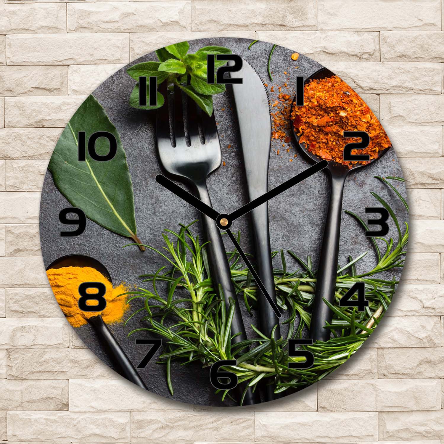 Wanduhr runde Echt-Glas-Küchenuhr 30 Deko Bild-Motiv: Besteck Gewürze Mehrfarbig