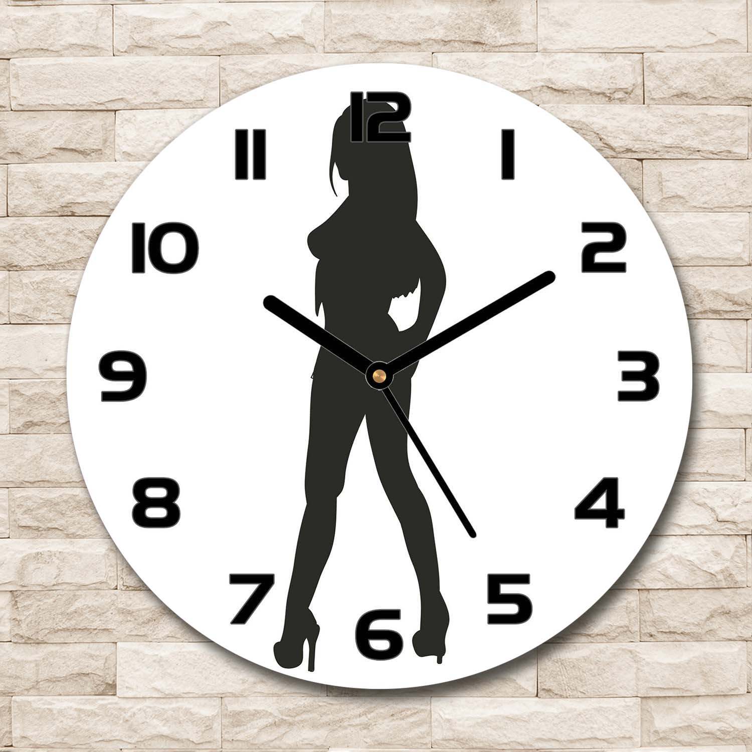 Wanduhr runde Echt-Glas-Küchenuhr 30 Deko Bild-Motiv: Frauen Silhouette Schwarzweiß