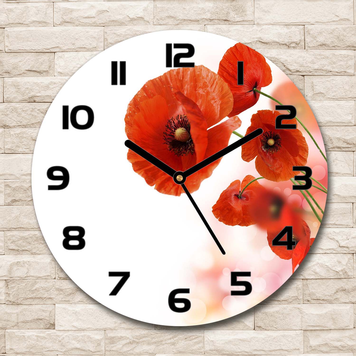 Wanduhr runde Echt-Glas-Küchenuhr 30 Deko Bild-Motiv: Mohnblumen Rot