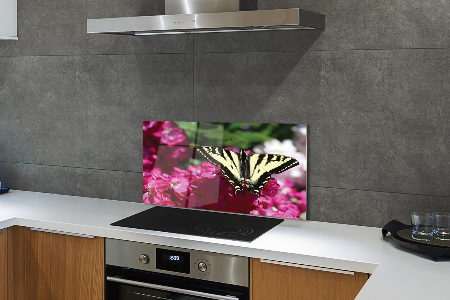 Tulup Küchenrückwand Spritzschutz aus Glas 100x50 flowers butterfly