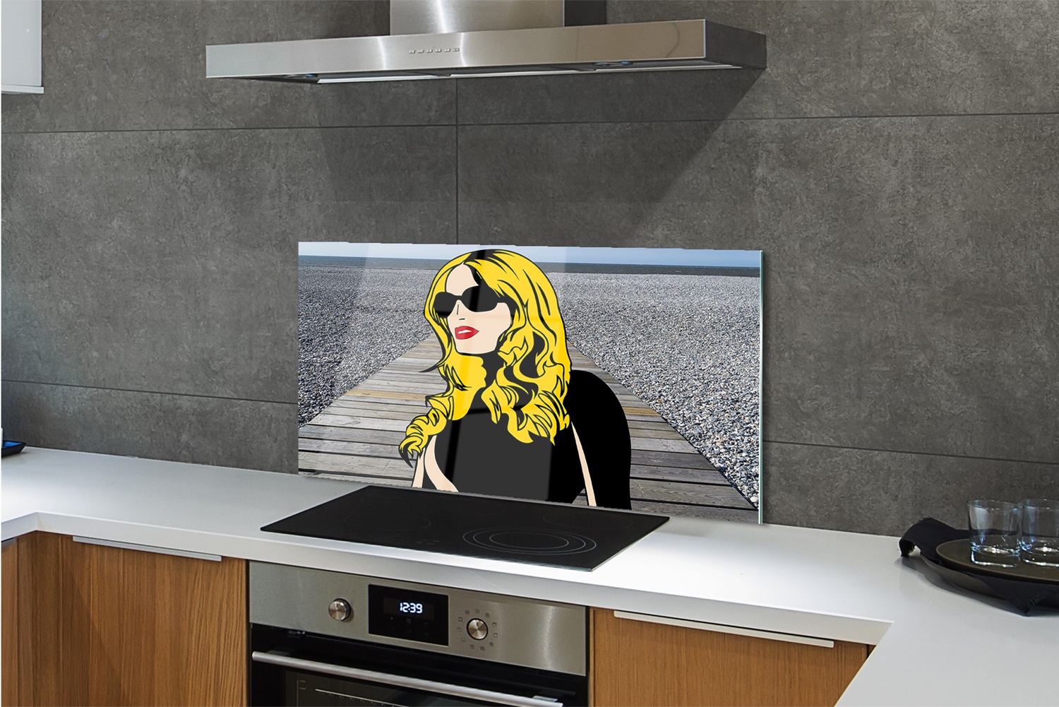 Tulup Küchenrückwand Spritzschutz aus Glas 120x60 Weibliche schwarze Sonnenbrille rote Lippen