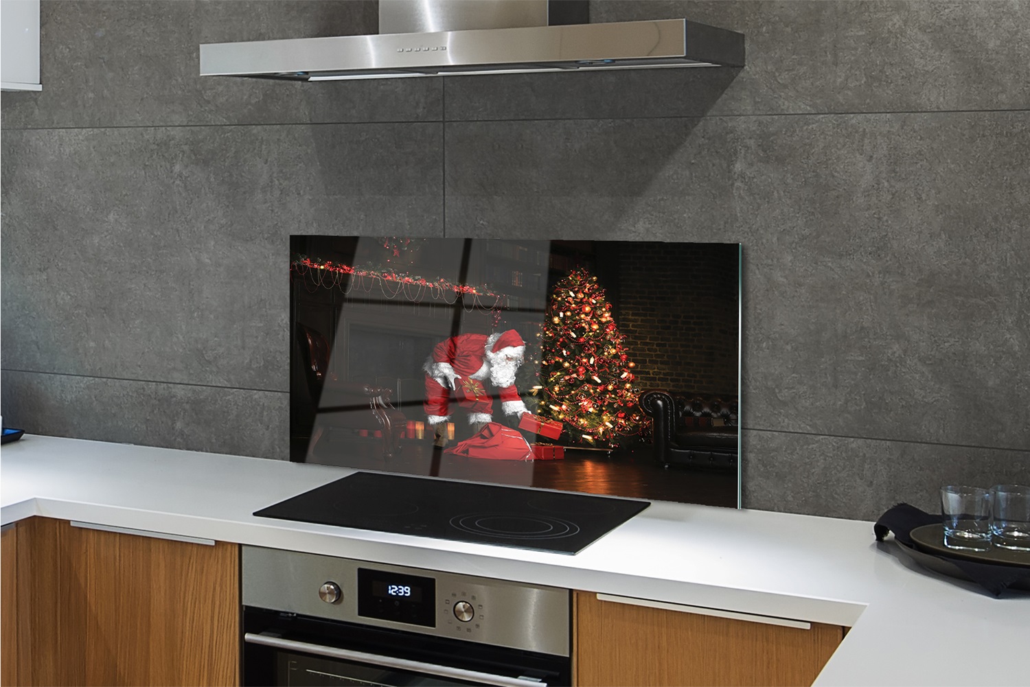 Tulup Küchenrückwand Spritzschutz aus Glas 120x60 Christmas tree decoration gifts claus
