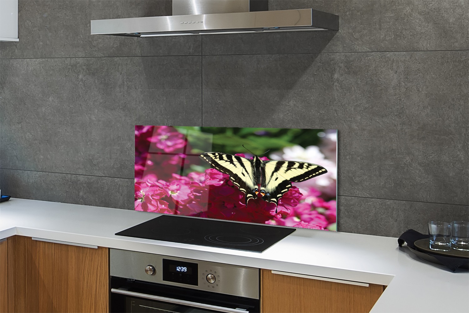 Tulup Küchenrückwand Spritzschutz aus Glas 125x50 flowers butterfly