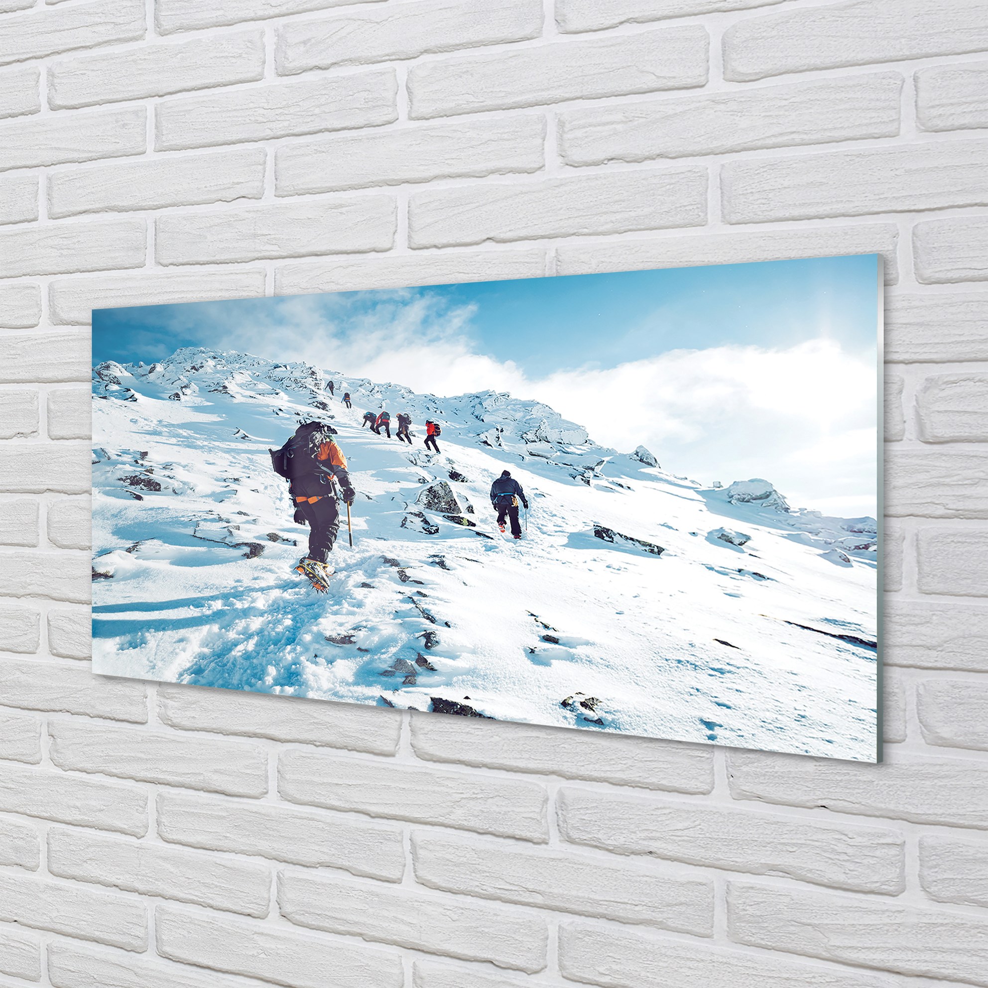 Tulup Acrylglas 140x70 Wandkunst Klettern auf die Berge im Winter