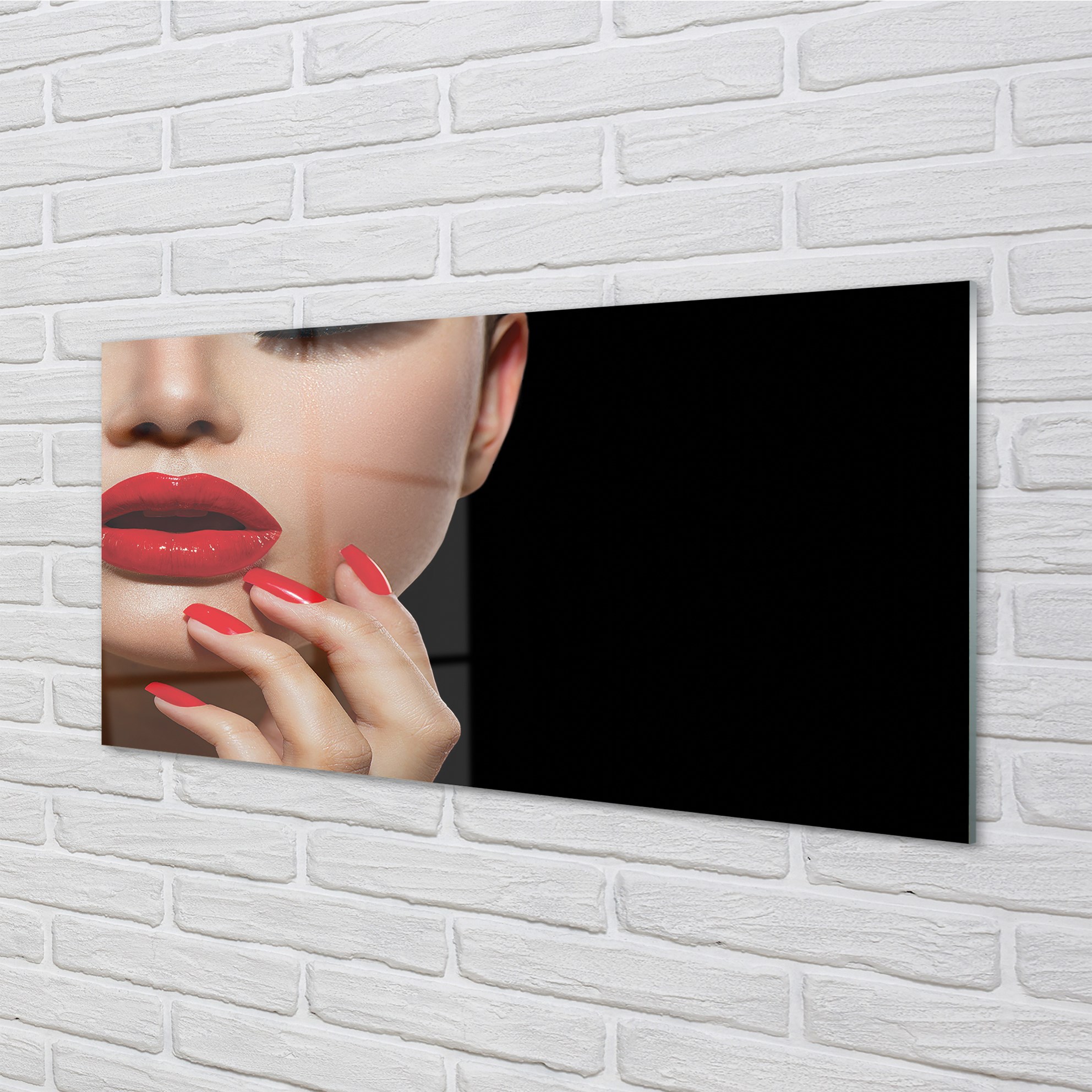 Tulup Glasbilder 120x60 Wandkunst Frau mit den roten Lippen und Nägel