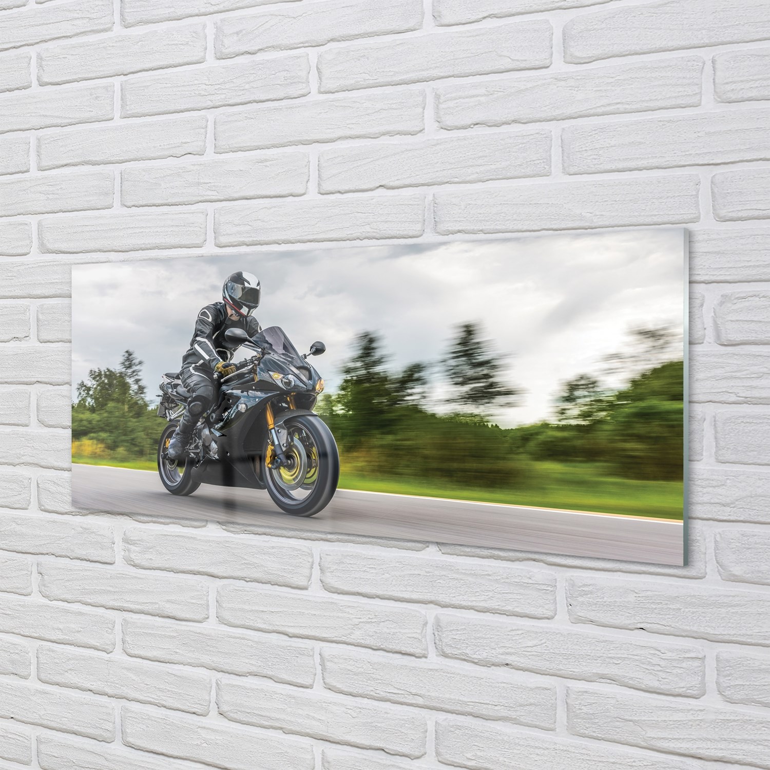 Tulup Glasbilder 125x50 Wandkunst Motorrad-Straße Wolken Himmel