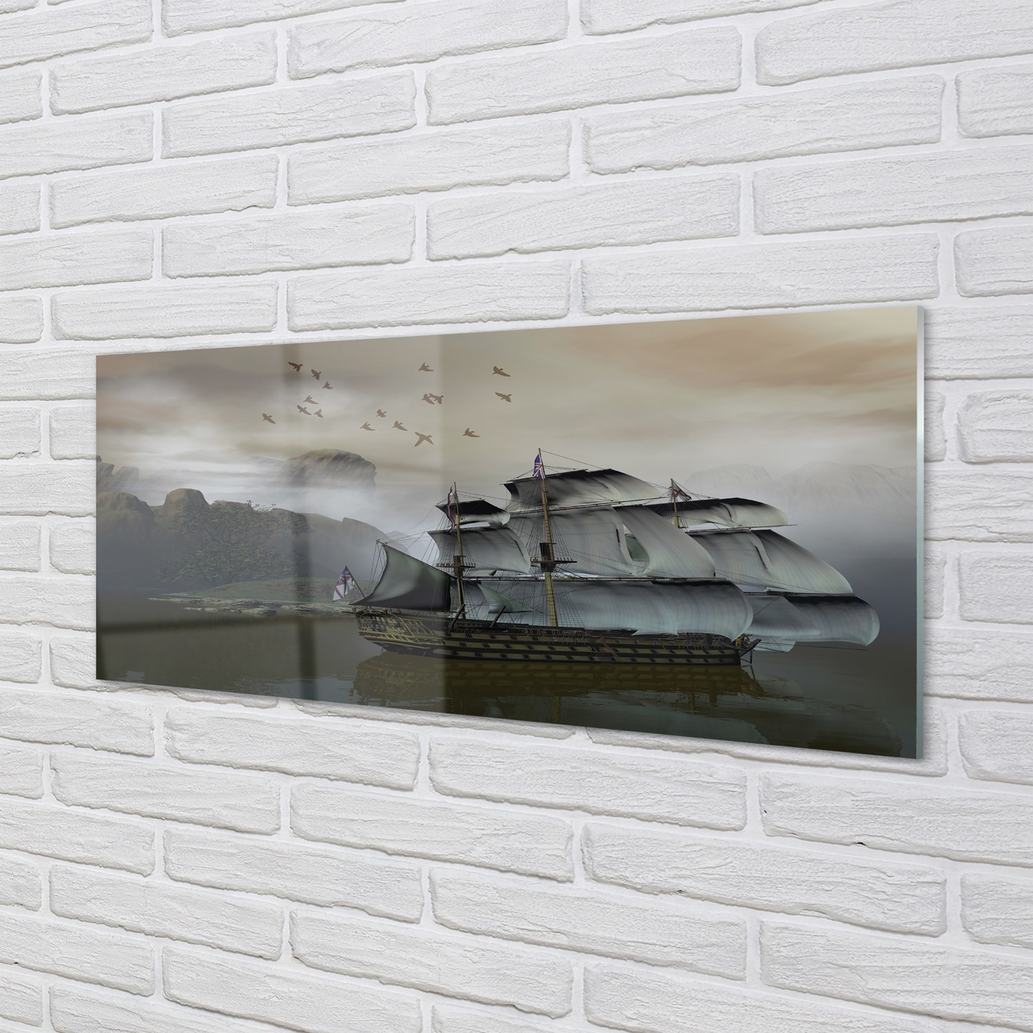Tulup Glasbilder 125x50 Wandkunst Schiff Meer Berge